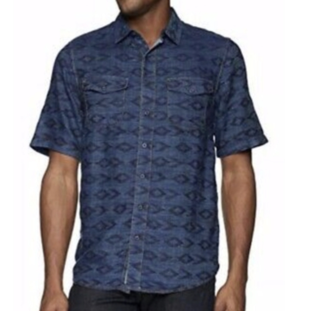 KAVU Prime Time Denim Short Sleeve Shirt Summer Lightweight Button Up Size S NEW